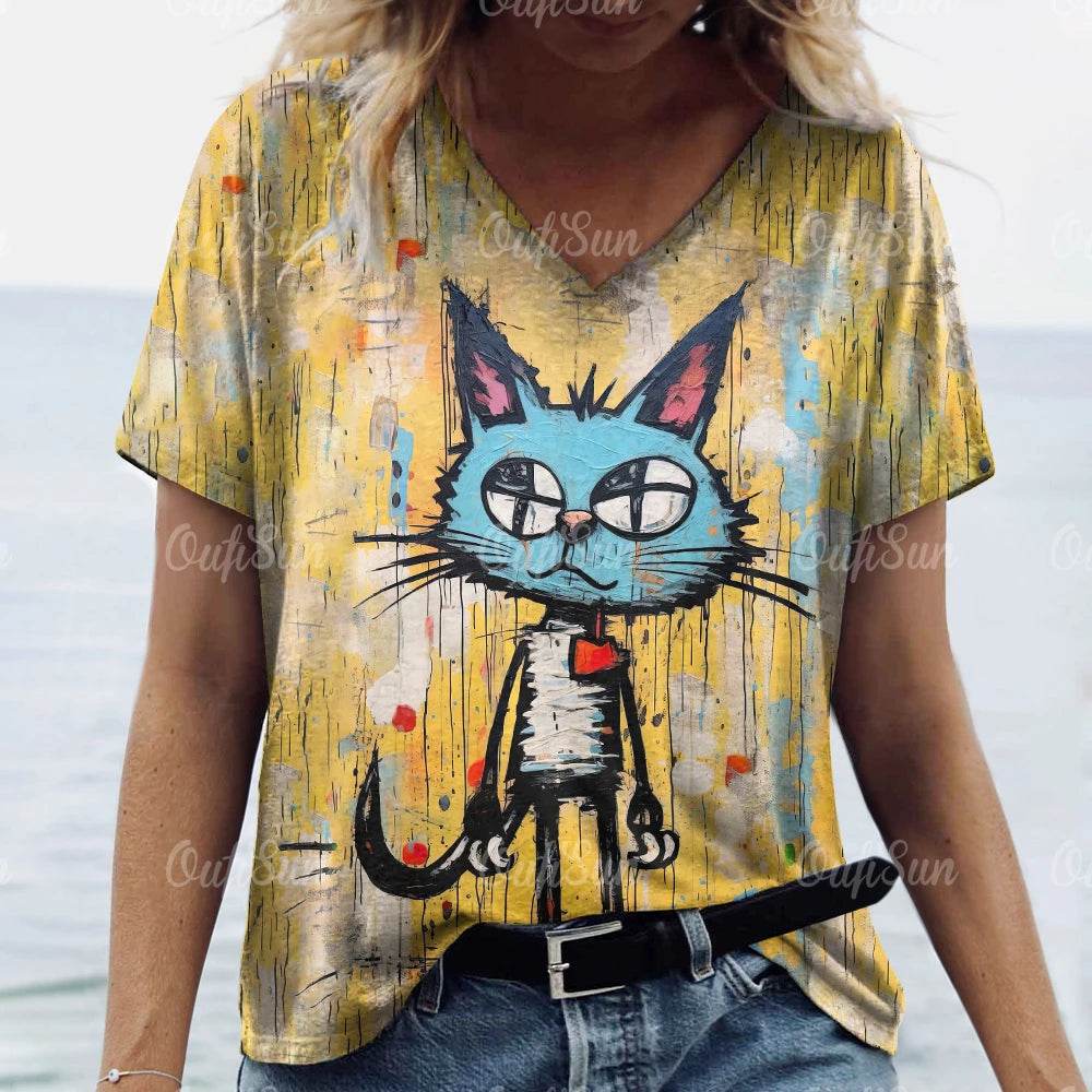 Stylemein - Women’s Oversized Cat Print T-Shirt – Casual Summer Streetwear Top