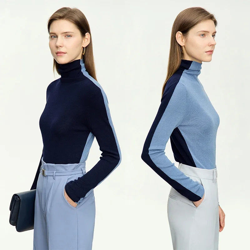 Slim High Neck Patchwork Sweater – Soft Knit Long Sleeve Top