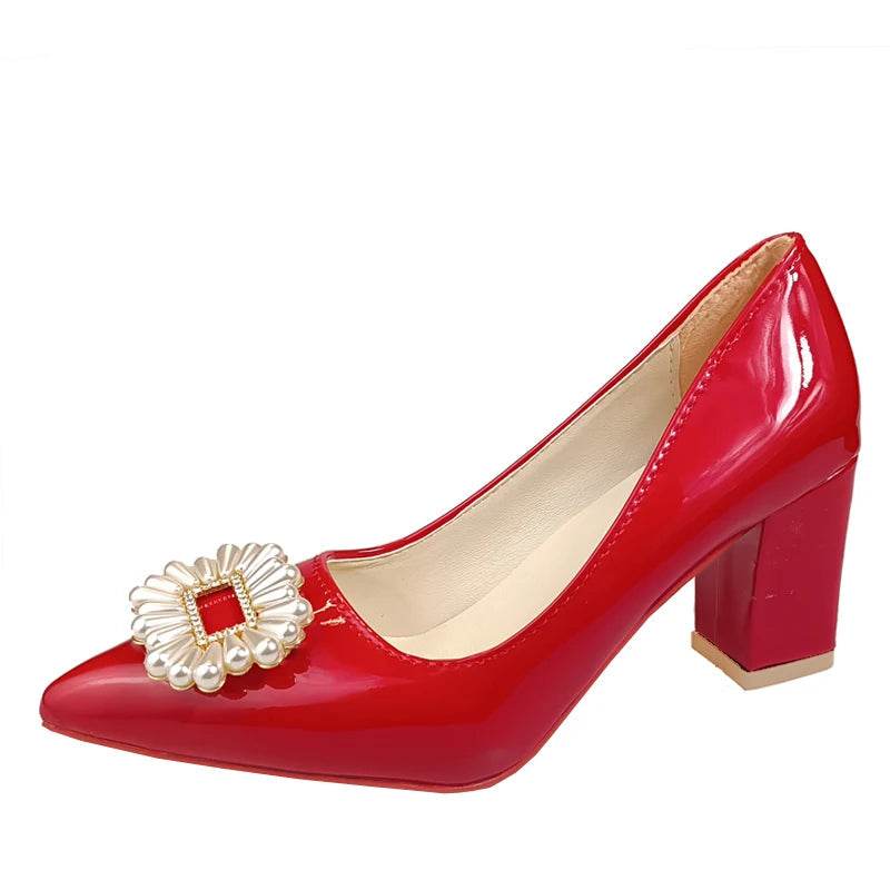 Baby Pink Pearl Crystal Pumps – Chunky Heel Dress Shoes with Buckle, Size 35–53, Luxury Style for Adults & Teens - Stylemein