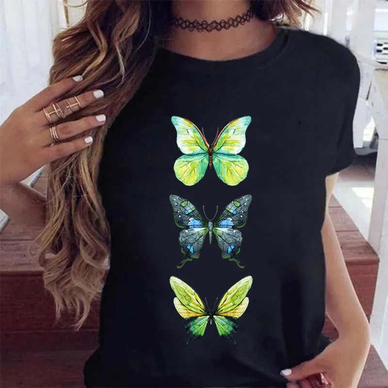 Women’s Butterfly Tree Print Harajuku T-Shirt – Black Round Neck Summer Casual Top