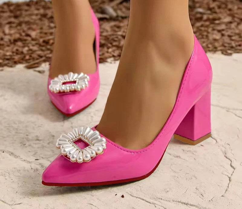 Baby Pink Pearl Crystal Pumps – Chunky Heel Dress Shoes with Buckle, Size 35–53, Luxury Style for Adults & Teens - Stylemein