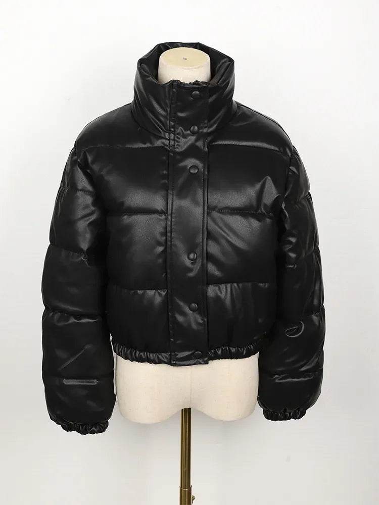 Stylish Women's Black PU Leather Winter Parka Coat - Thick, Warm, and Elegant with Zipper Closure - Stylemein