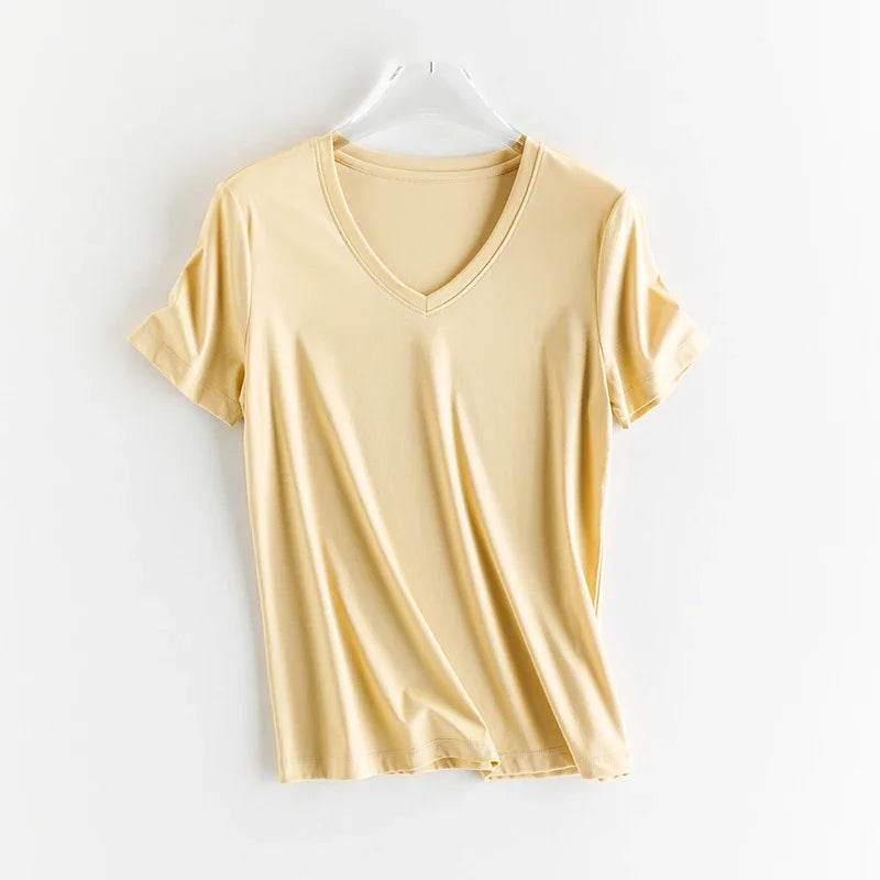 Luxury Silk & Mercerized Cotton Women’s T-Shirt – Short Sleeve Silky Feel V/O-Neck Summer Top - Stylemein