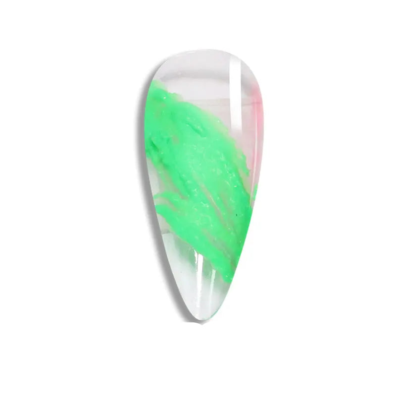 Teardrop-shaped gemstone with green and clear colors on a white background