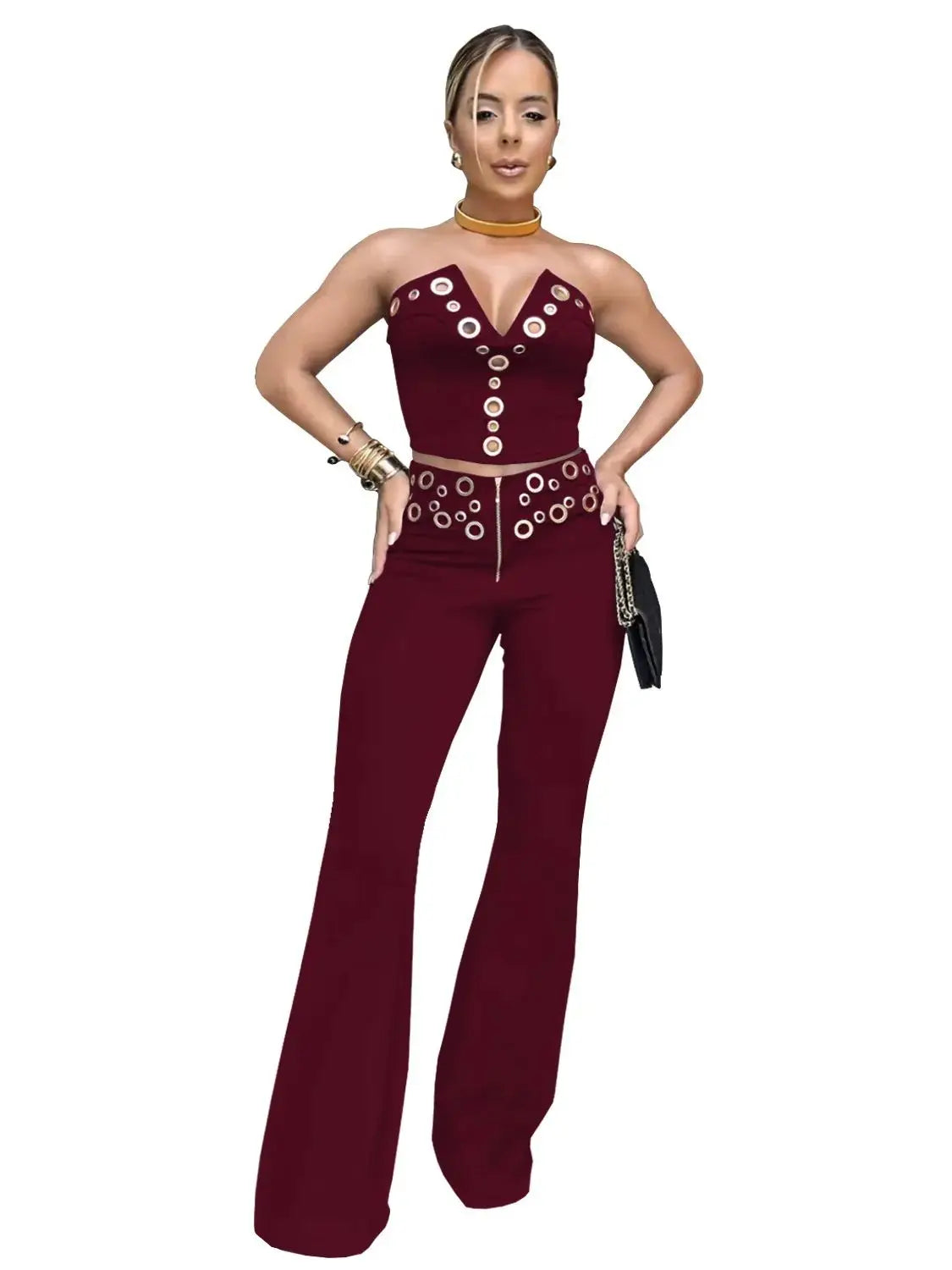 Metal Ring Two-Piece Set – Crop Top & Wide Leg Pants for Women