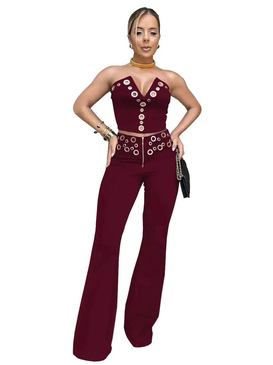 Stylemein - Metal Ring Two-Piece Set – Crop Top & Wide Leg Pants for Women