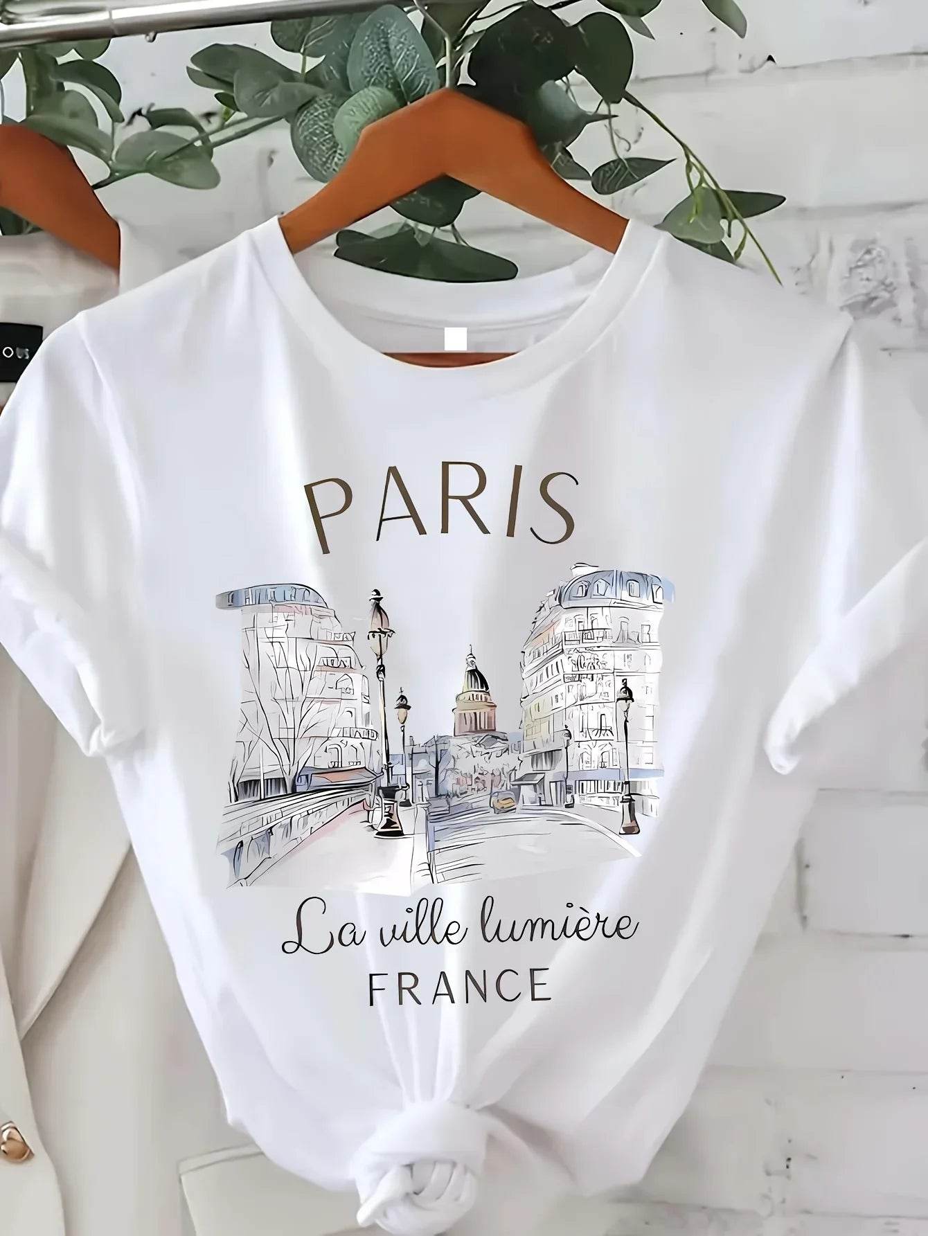 Stylemein - Women’s 90s Paris Print T-Shirt – Short Sleeve Crew Neck Casual Top