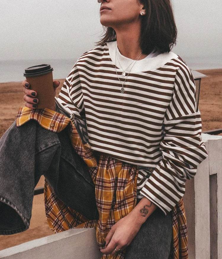 Oversized Striped Cotton T-Shirt – Women’s Long Sleeve Casual Top - Stylemein