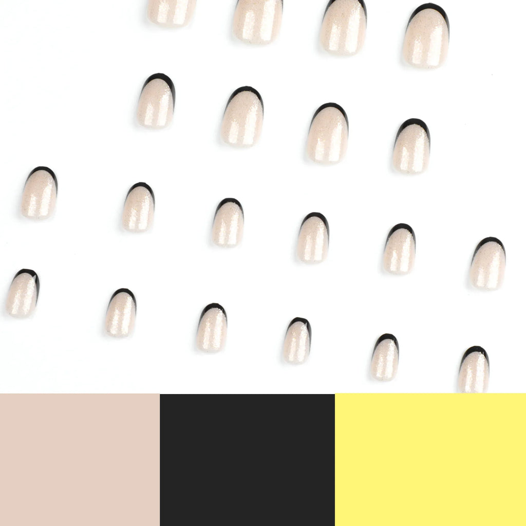 Set of nail polish samples in beige, black, and yellow on a white background
