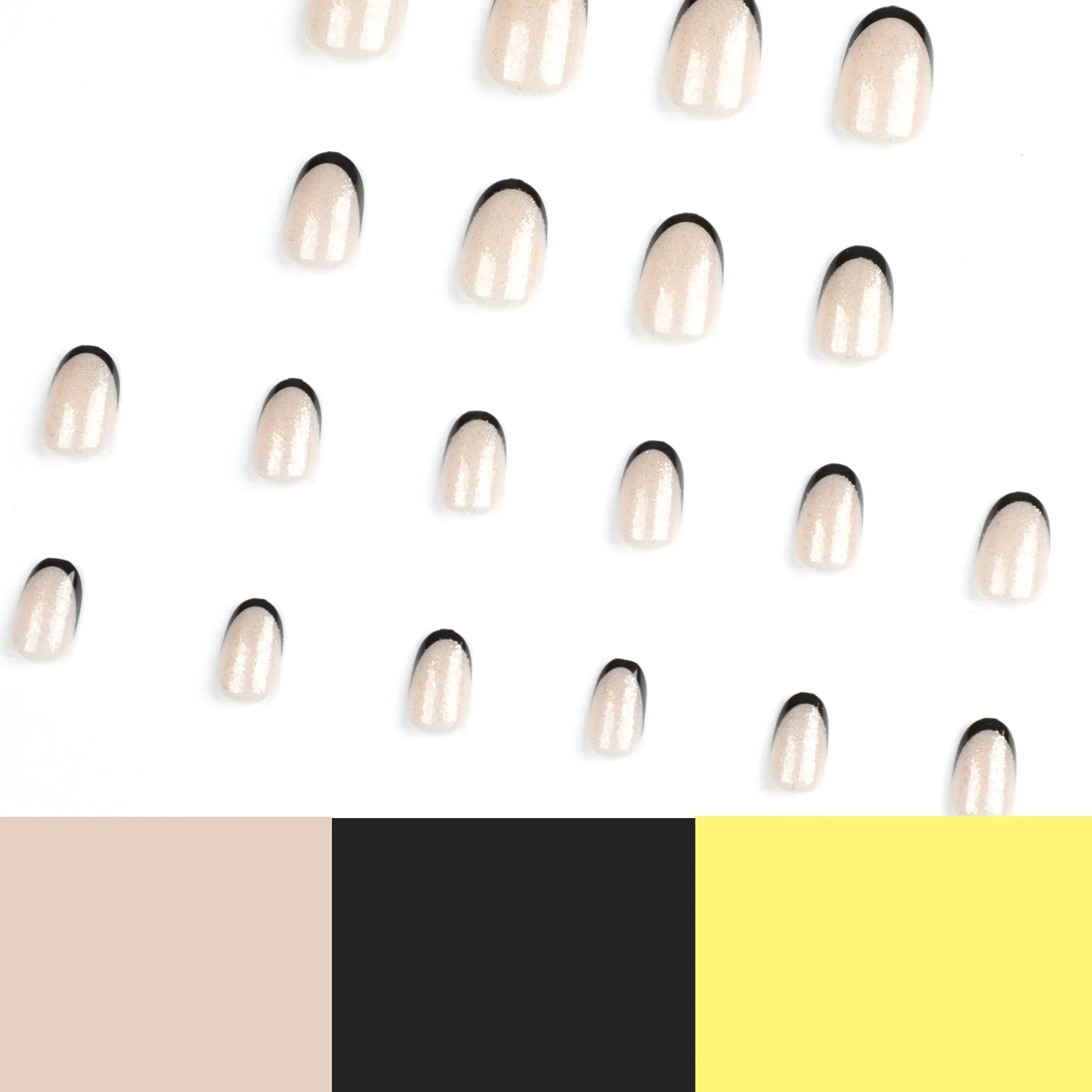 Set of nail polish samples in beige, black, and yellow on a white background