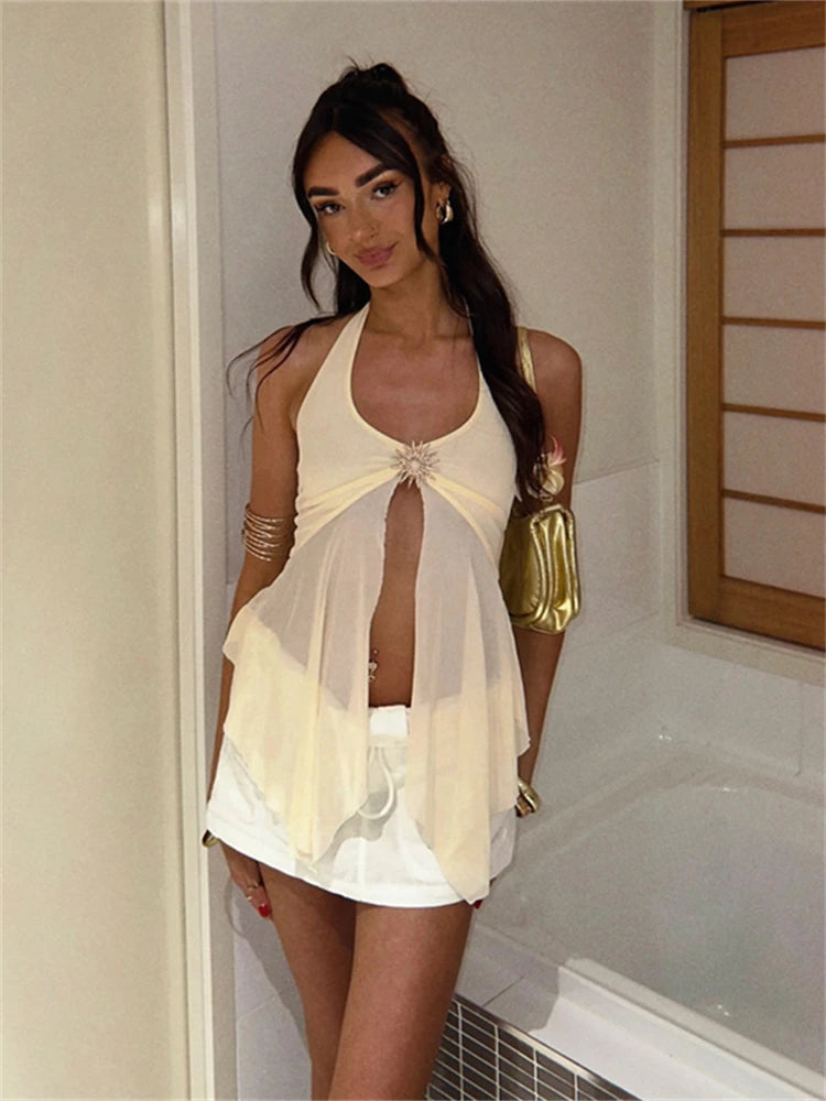 Women’s Halter Tie-Back Sheer Mesh Patchwork Tank Top – Backless Y2K Streetwear Vest with Metal Accents