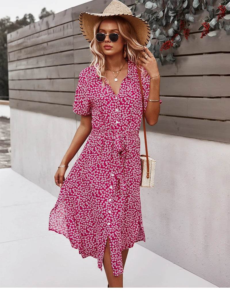 Floral V-Neck Midi Dress – Summer Casual Short Sleeve Dress - Stylemein