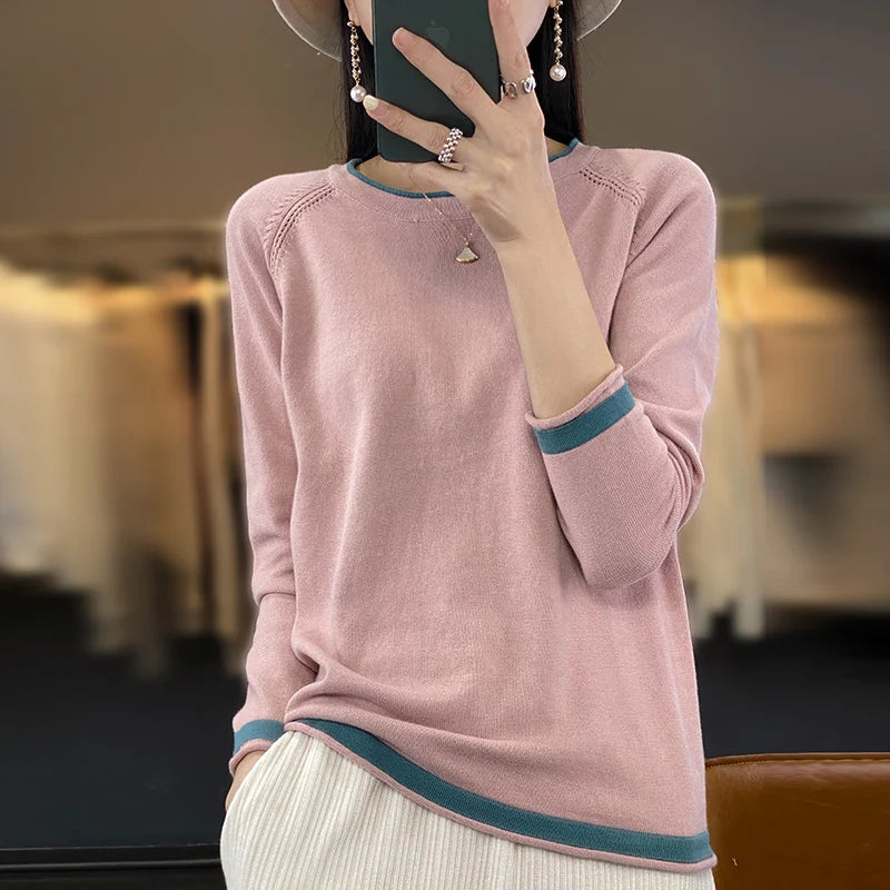 Cotton Knit Sweater – Loose Round Neck Color Block Top