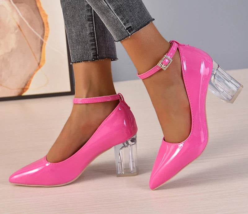 7cm Chunky Heels – Luxury Rhinestone & Pearl Chain Pumps with Pointed Toe, Bling Crystal Dress Shoes - Stylemein