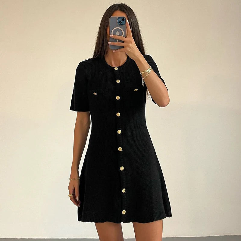 Women’s White Elegant Knitted Mini Dress – Slim Rib Sweater Dress with Metal Buttons for Party & Holiday Wear