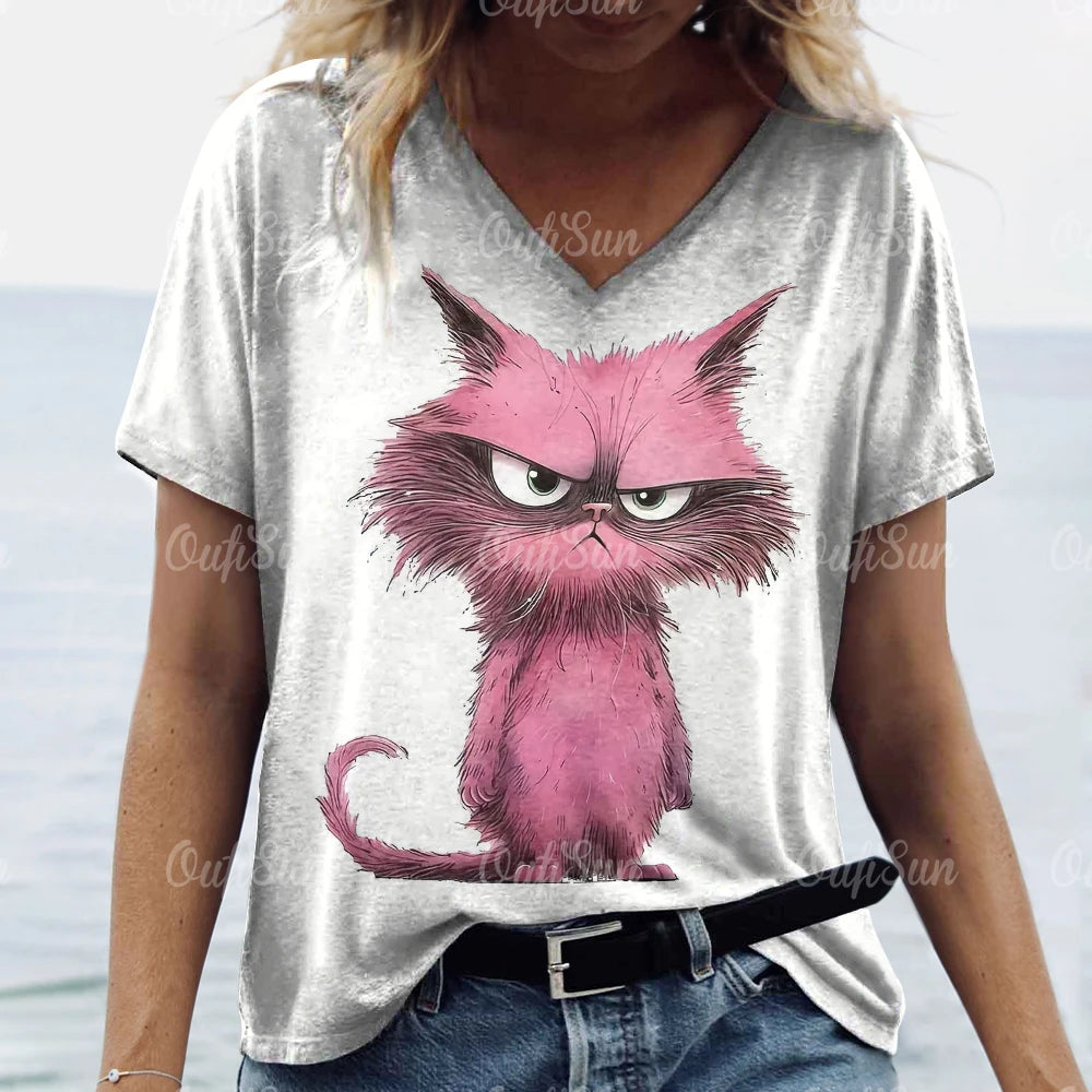 Women’s Oversized Cat Print T-Shirt – Casual Summer Streetwear Top