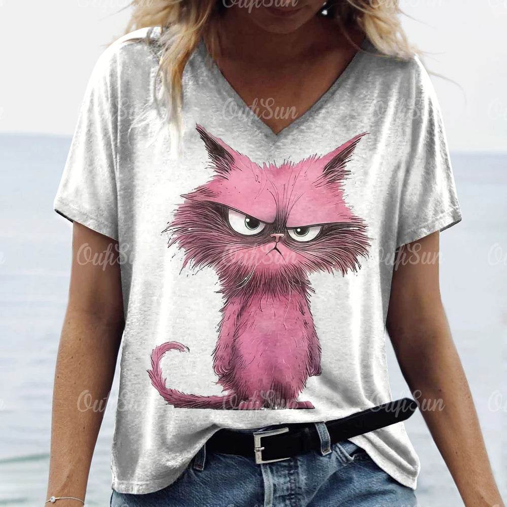 Stylemein - Women’s Oversized Cat Print T-Shirt – Casual Summer Streetwear Top