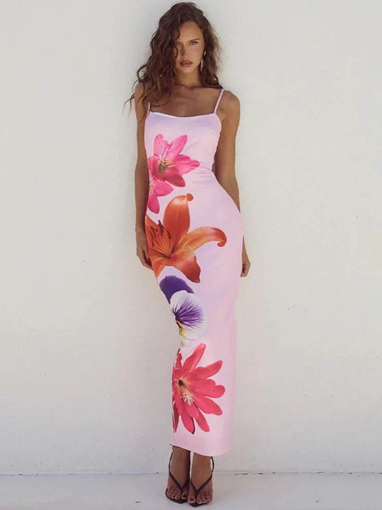 Sexy Floral Print Sleeveless Backless Bodycon Maxi Dress for Women | Elegant Club & Party Outfit - Stylemein
