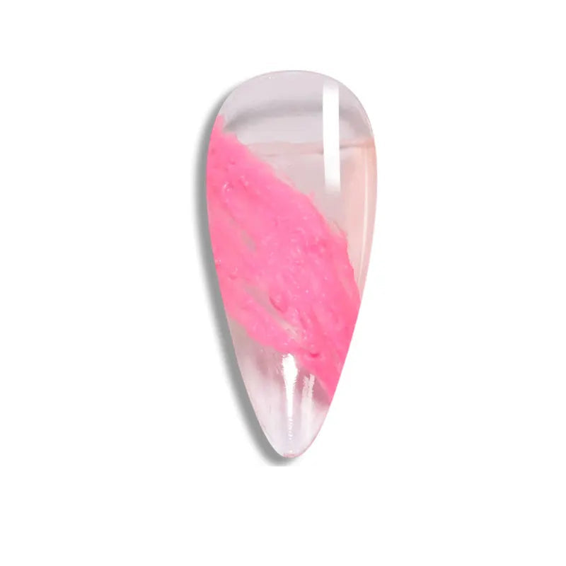 Teardrop-shaped nail art design with pink and white gradient on a white background
