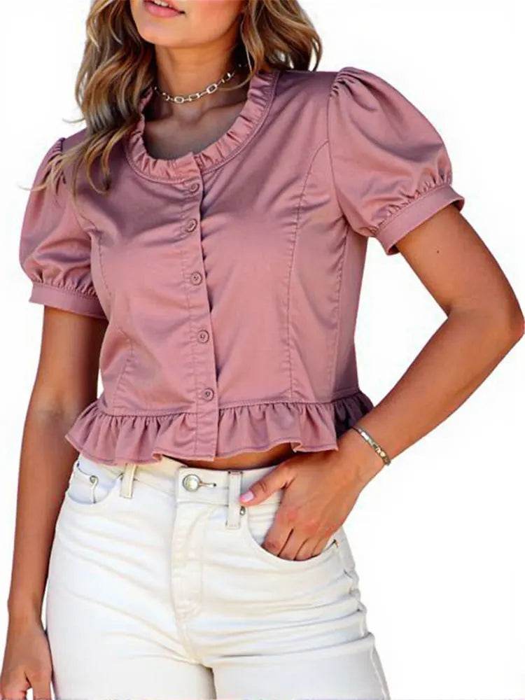 Korean-Inspired Ruffle Chiffon Blouse – Cute Cropped Short Sleeve Feminine Chic Shirt for Women - Stylemein