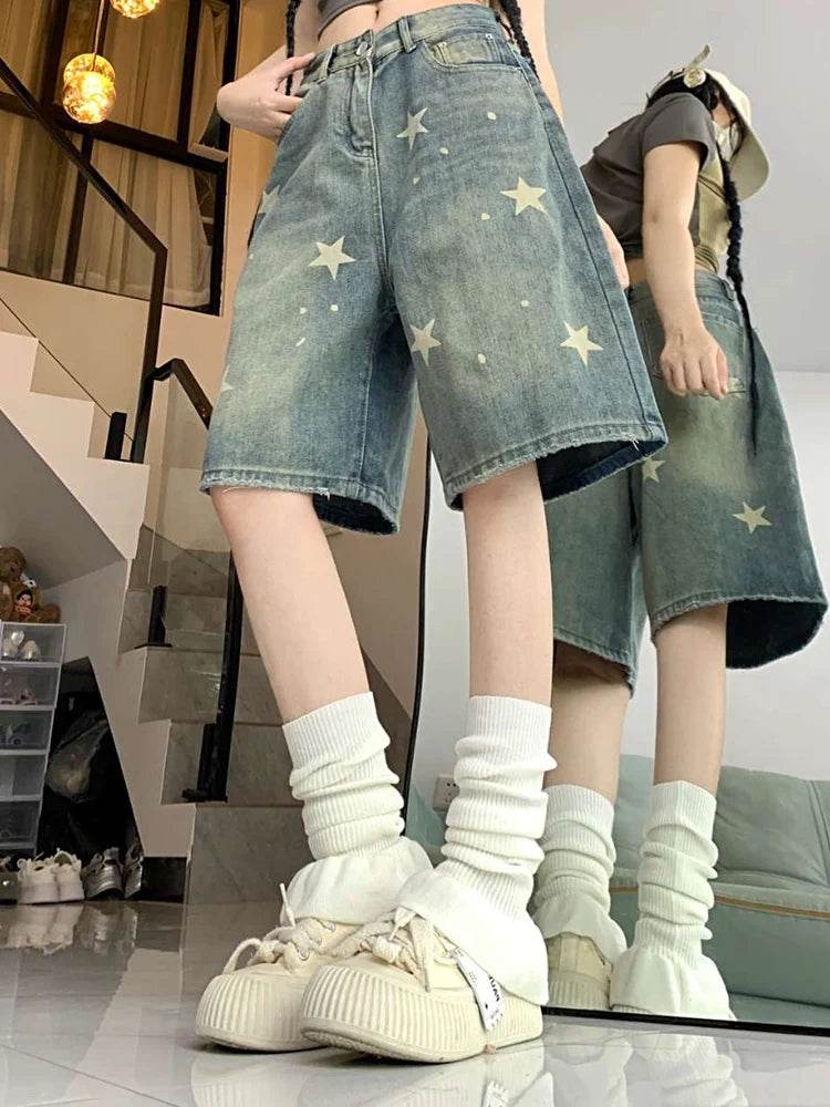 High Waist Retro Wide-Leg Denim Shorts – Washed Knee-Length Street Style - Stylemein