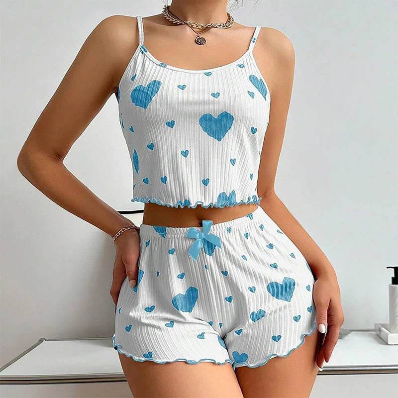 Stylemein - Women’s 2-Piece Pajama Set – White Love Print Tank Top & Shorts Sleepwear