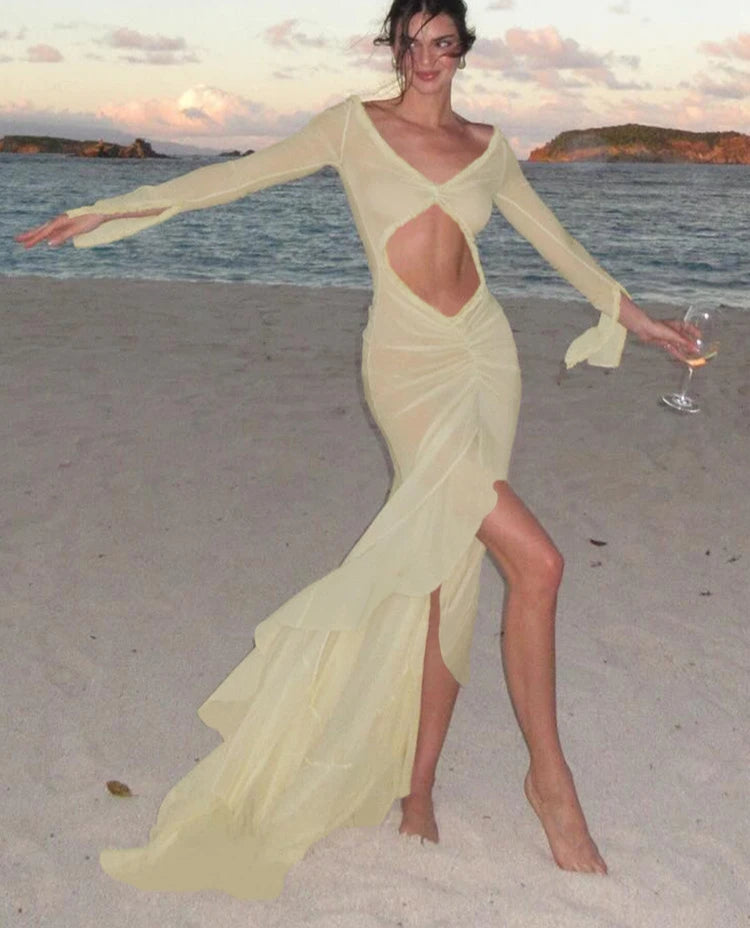 Mesh Long Sleeve Cut-Out Dress – Elegant Asymmetrical Shirred Holiday Party Outfit for Women