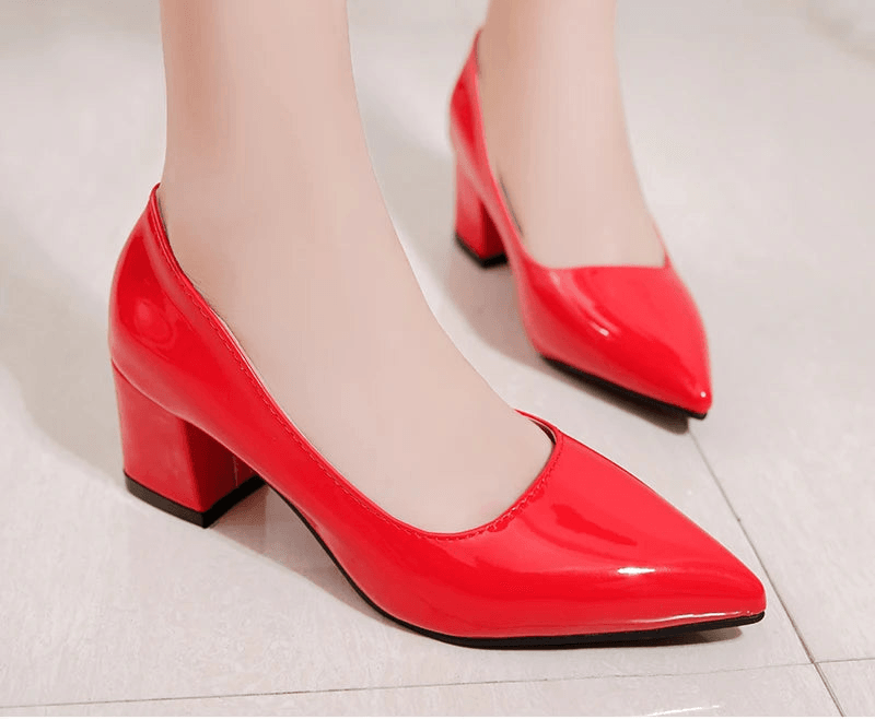 5cm Red Leather Pumps – Square Heel Pointed Toe Dress Shoes, Size 30–50, Classic Party & Office Style - Stylemein