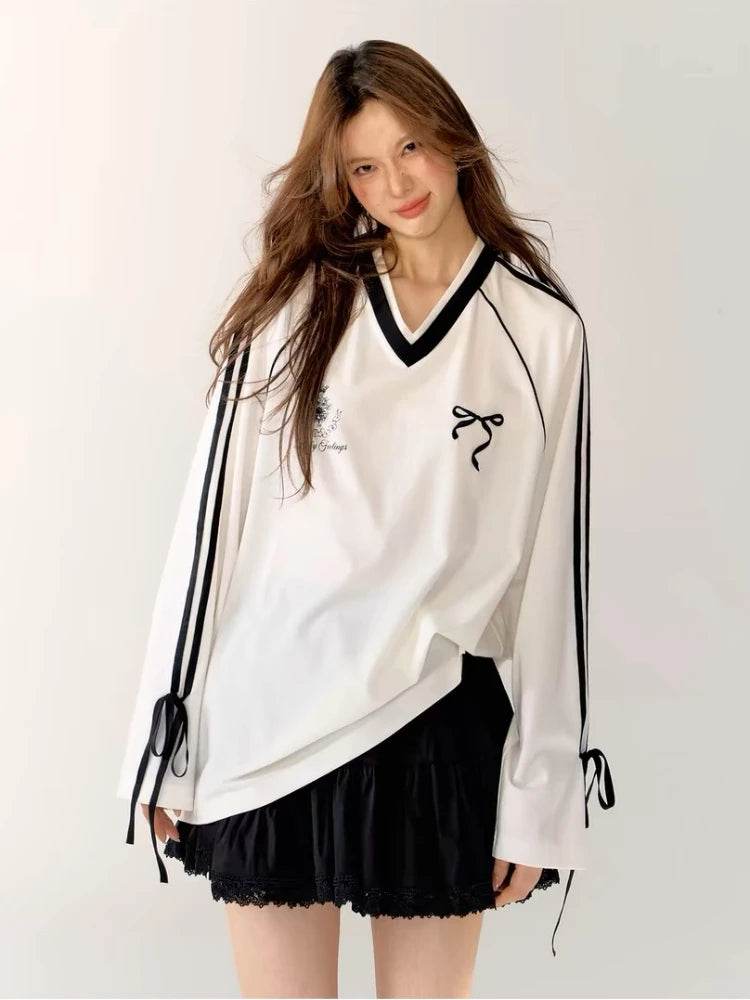 Oversized V-Neck Jersey Graphic Tee – Vintage Y2K Long Sleeve Sports Top for Women - Stylemein