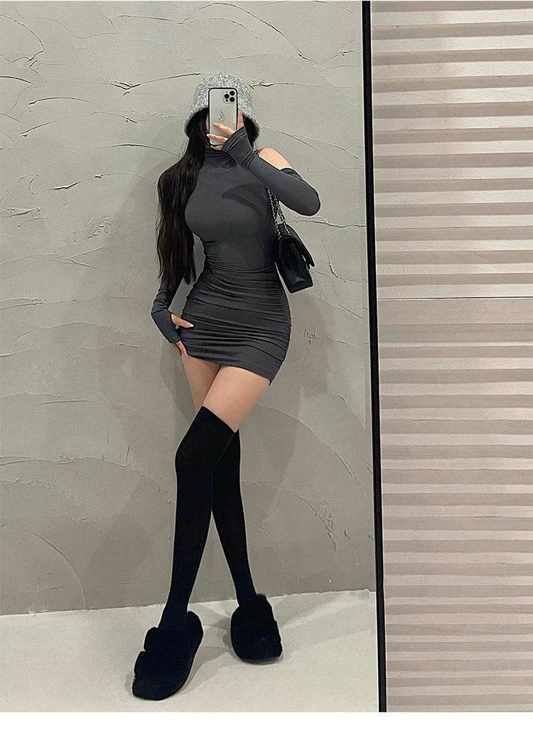 Sexy High Neck Bodycon Dress with Oversleeve & Pleated Bottom | Wrapped Hip Women’s Tight Dress - Stylemein