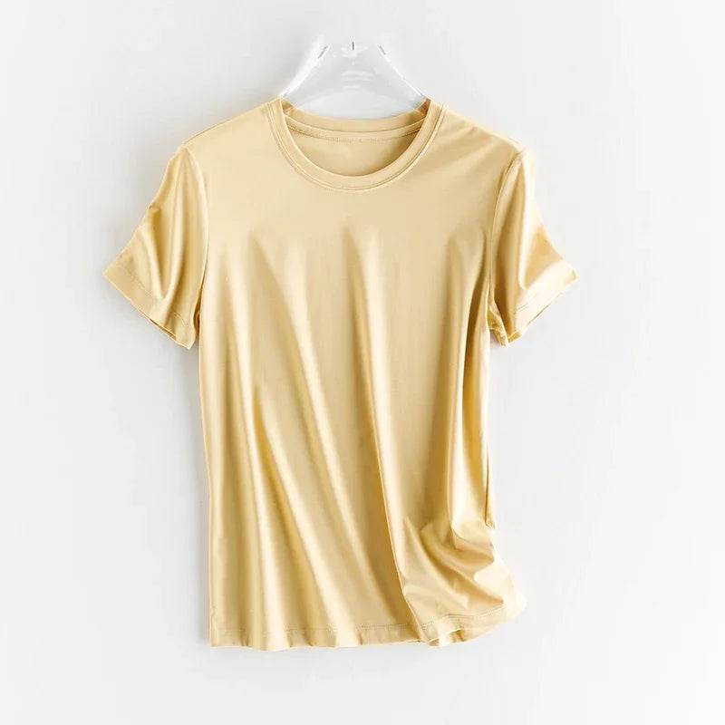 Luxury Silk & Mercerized Cotton Women’s T-Shirt – Short Sleeve Silky Feel V/O-Neck Summer Top - Stylemein