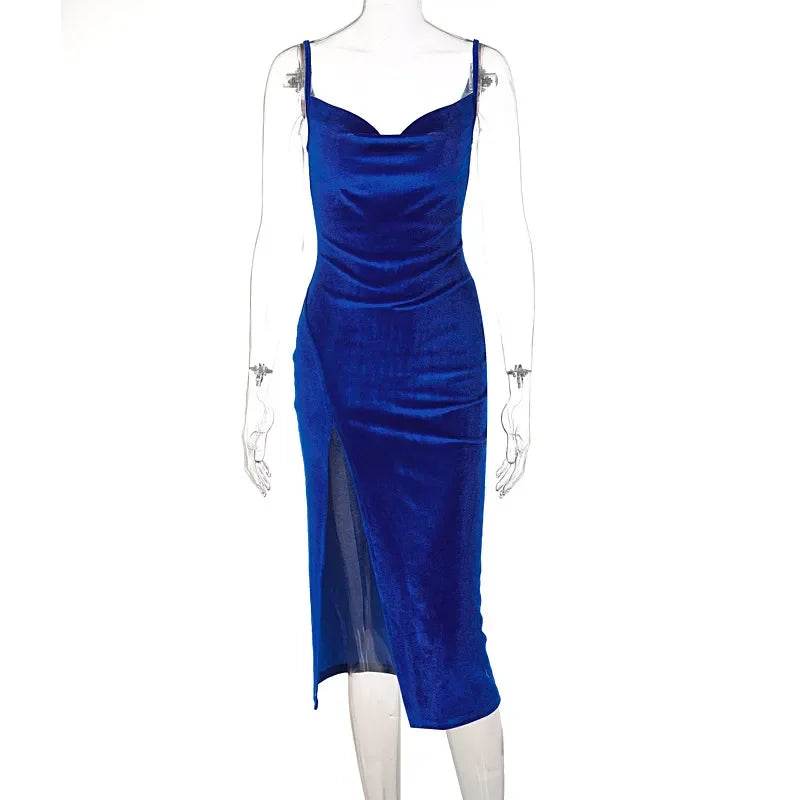 Summer Velvet Midi: Elegant Evening Gown for Women - Sleeveless, Off-Shoulder, Backless - Stylemein