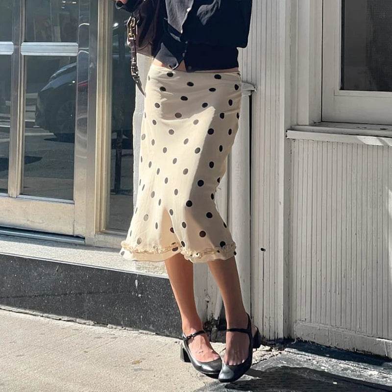 Beige Polka Dot Midi Skirt – Lettuce Trim Elegant A-line Skirt - Stylemein
