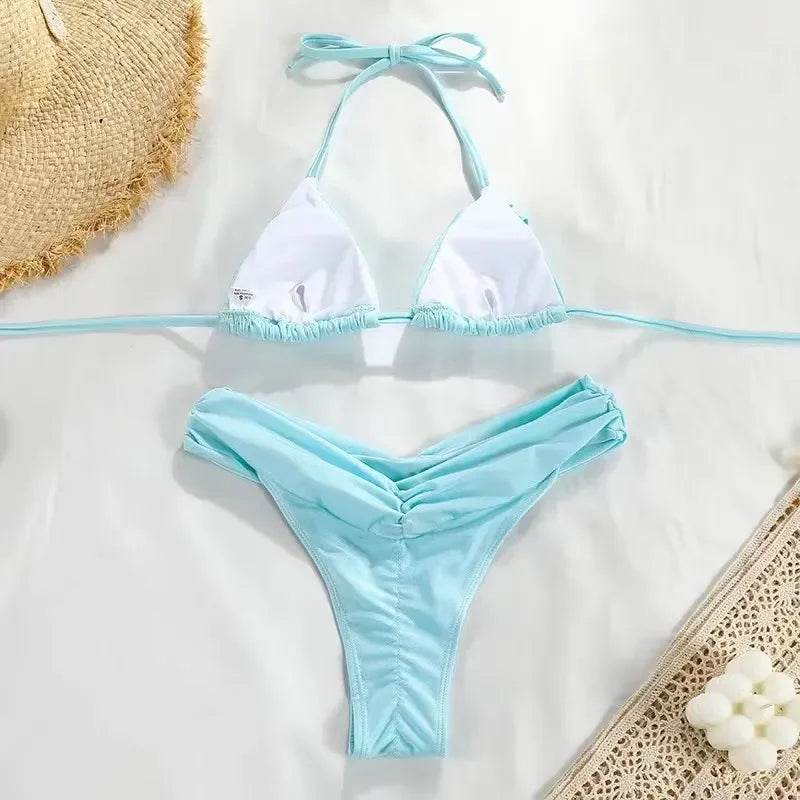 Micro Bikinis Women Halter Brazilian Bikini Set Female Pleated Swimsuit New Triangle Swimwear Beach Wear Bathing Suit - Stylemein
