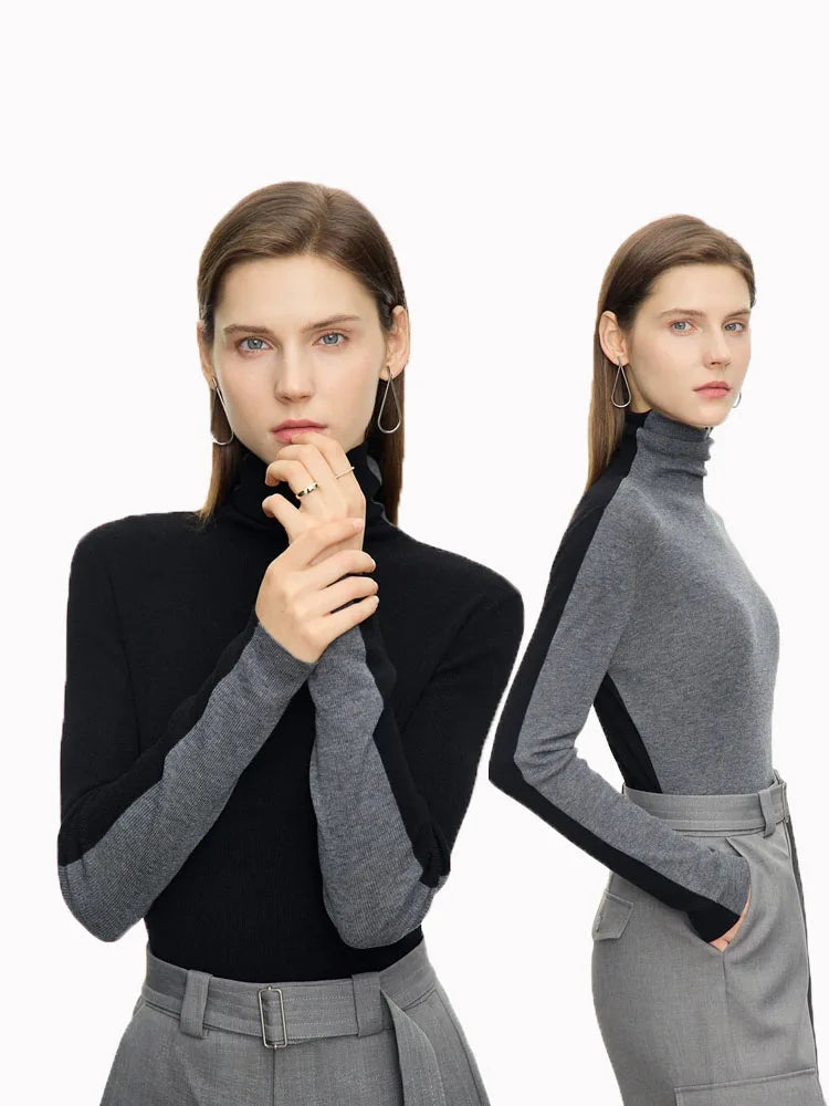 Slim High Neck Patchwork Sweater – Soft Knit Long Sleeve Top