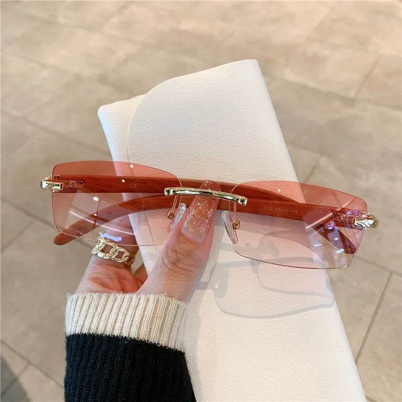 Stylemein - Rimless Wooden Pattern Sunglasses – Retro UV400 Shades for Men & Women