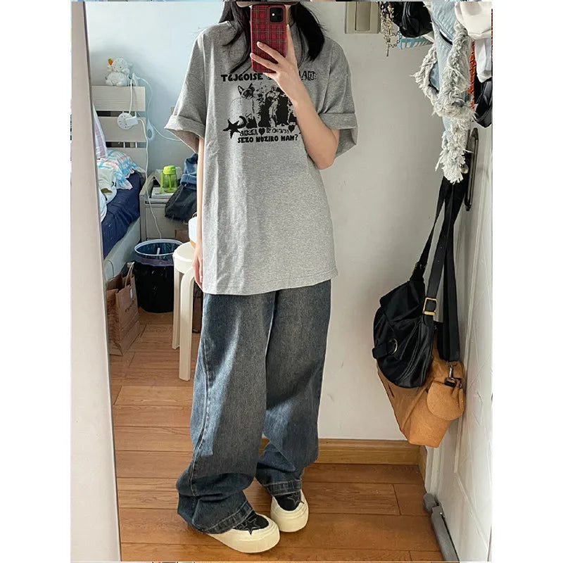 Unisex Oversized Cat Print T-Shirt – Retro College Summer Style