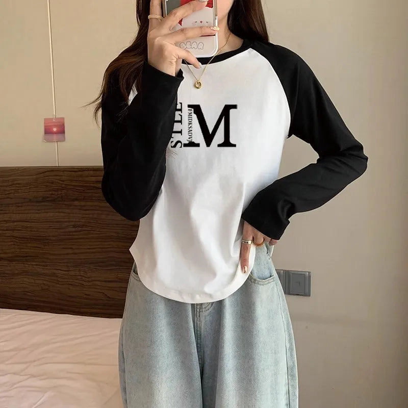Vintage Letter Print Long Sleeve T-Shirt – Loose Casual Top