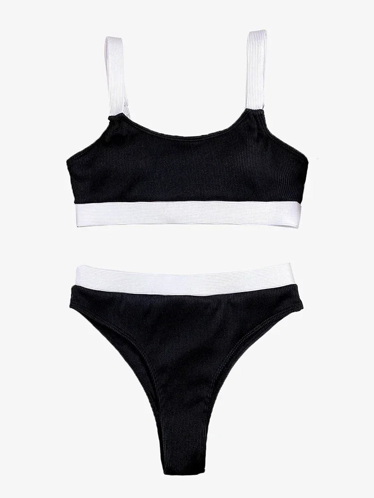 High Waist Bikini Woman Swimsuit Sexy Textured Brazilian Biquinis Colorblock Beachwear Summer