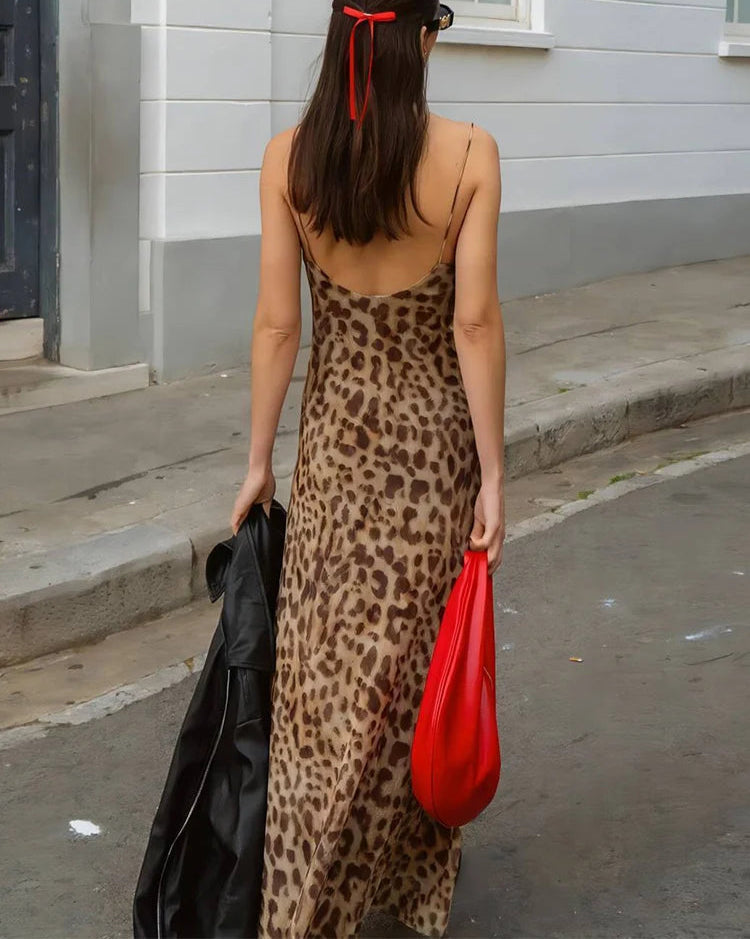 Leopard Print Swing Collar Dress – Spaghetti Strap Backless Ruffle Clubwear