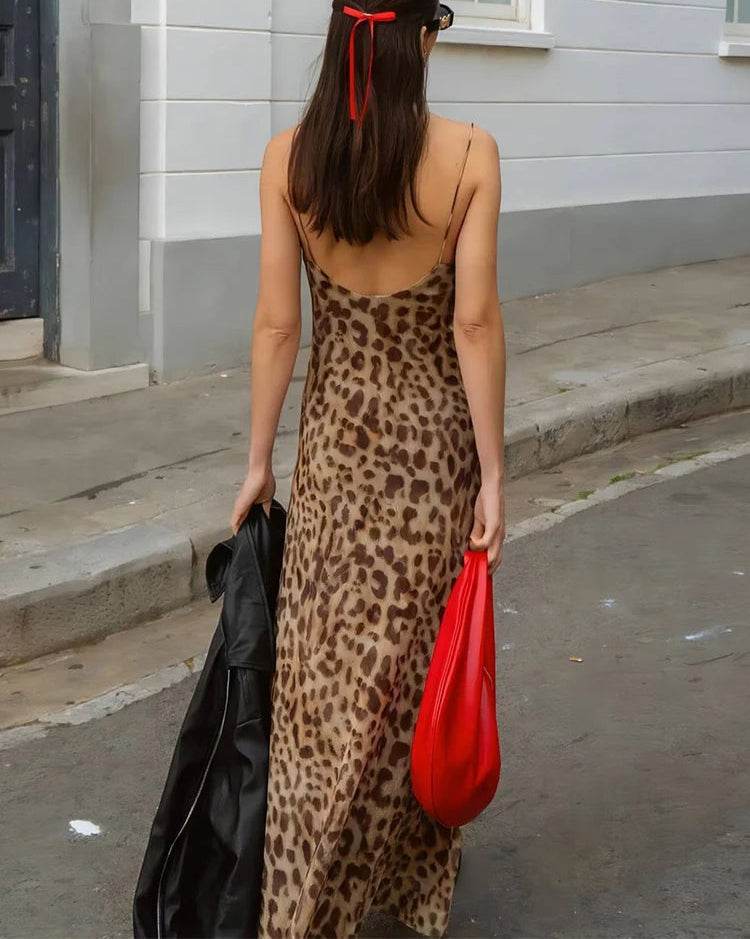 Stylemein - Leopard Print Swing Collar Dress – Spaghetti Strap Backless Ruffle Clubwear