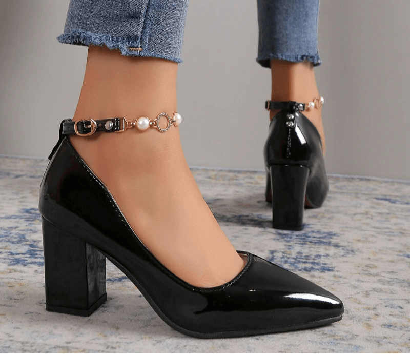 7cm Chunky Heels – Luxury Rhinestone & Pearl Chain Pumps with Pointed Toe, Bling Crystal Dress Shoes - Stylemein
