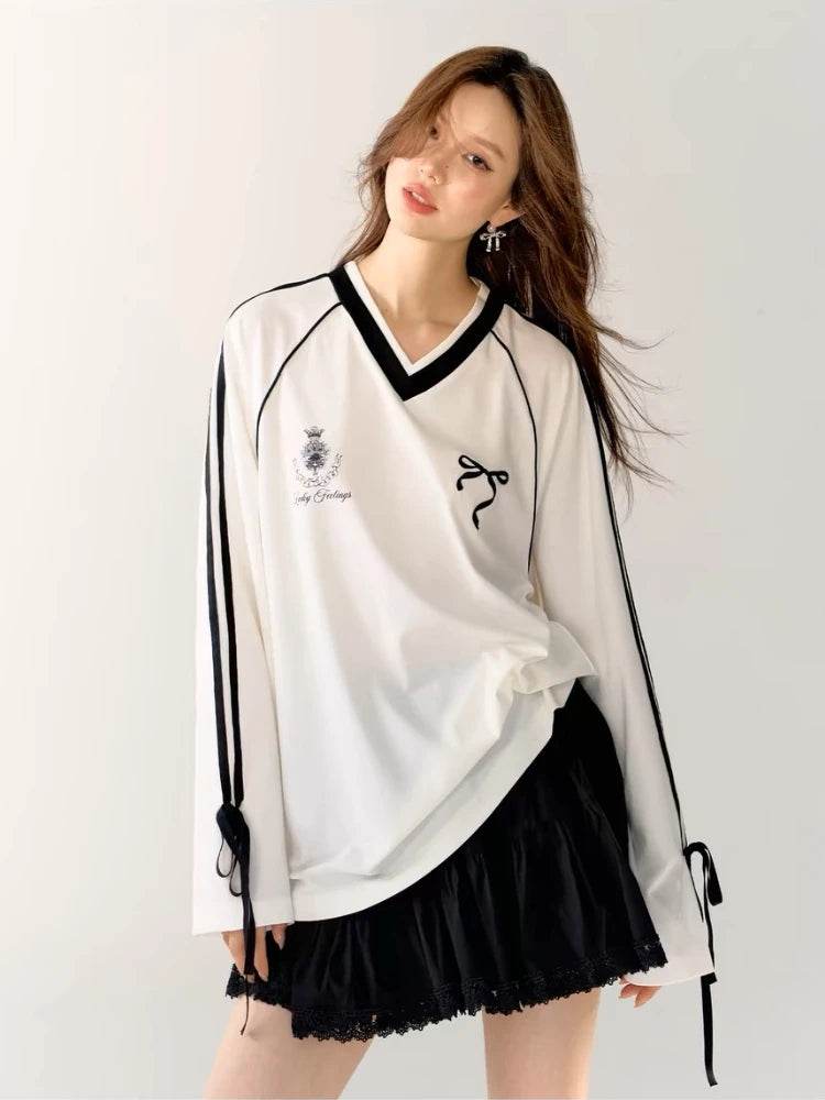 Oversized V-Neck Jersey Graphic Tee – Vintage Y2K Long Sleeve Sports Top for Women - Stylemein