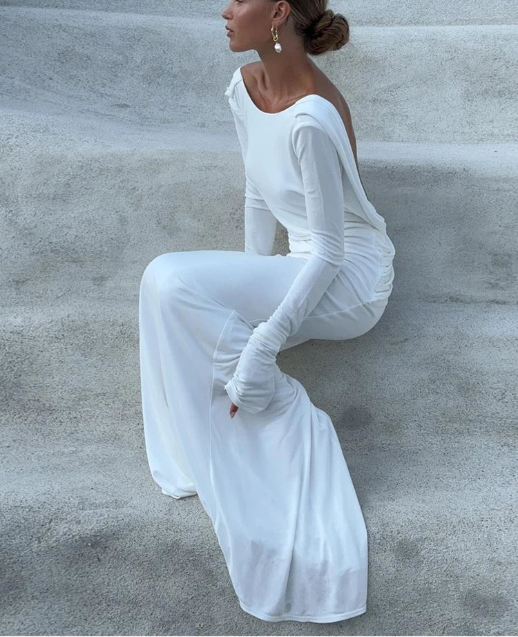 Solid Backless Full Sleeve Maxi Dress – Elegant Sheath Evening Gown for Women