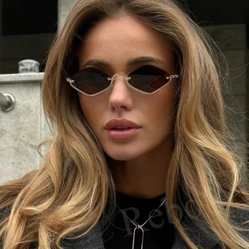 Stylemein - Small Polygonal Sunglasses for Women – Vintage Metal Half Frame Cat Eye Shades