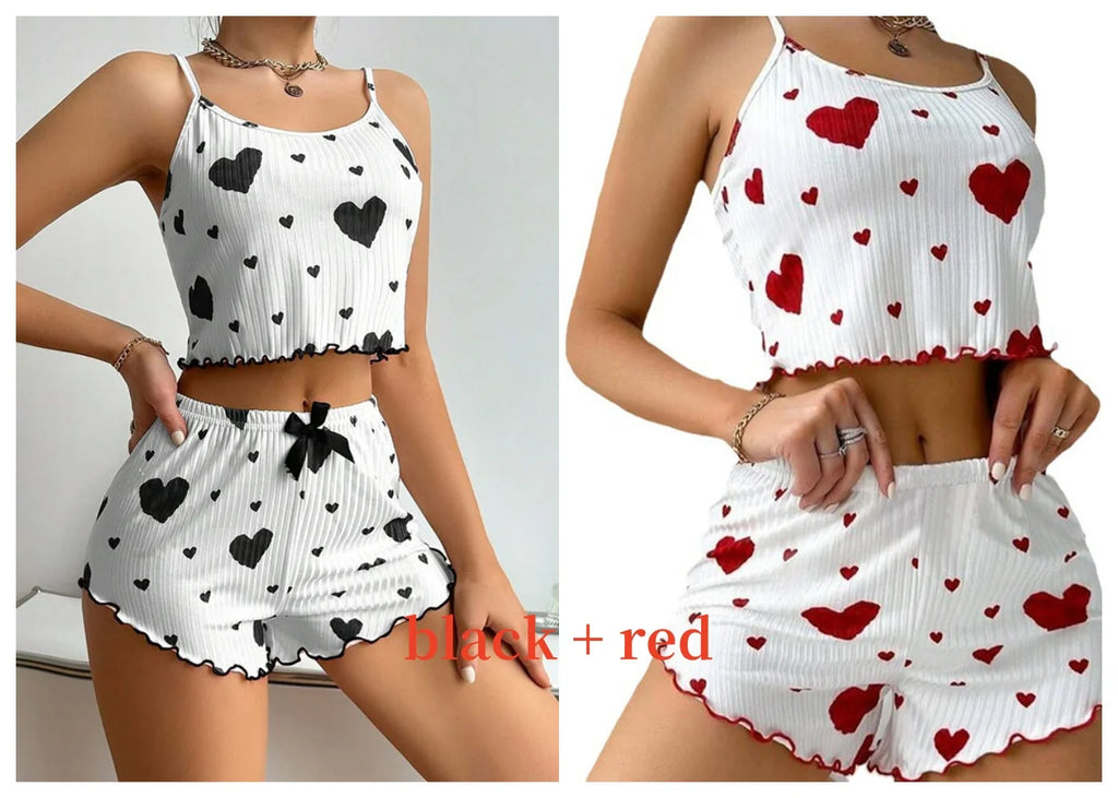 Women’s 2-Piece Pajama Set – White Love Print Tank Top & Shorts Sleepwear