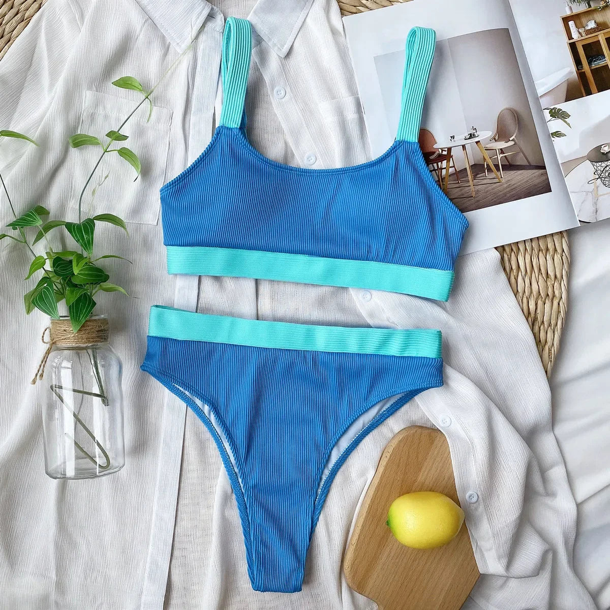 Women’s High Waist Bikini – Ribbed Push Up Splicing Swimwear