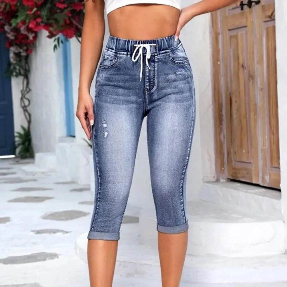 High Waist Calf-Length Jeans – Slim Fit Elastic Denim for Women - Stylemein