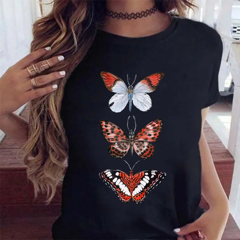 Women’s Butterfly Tree Print Harajuku T-Shirt – Black Round Neck Summer Casual Top