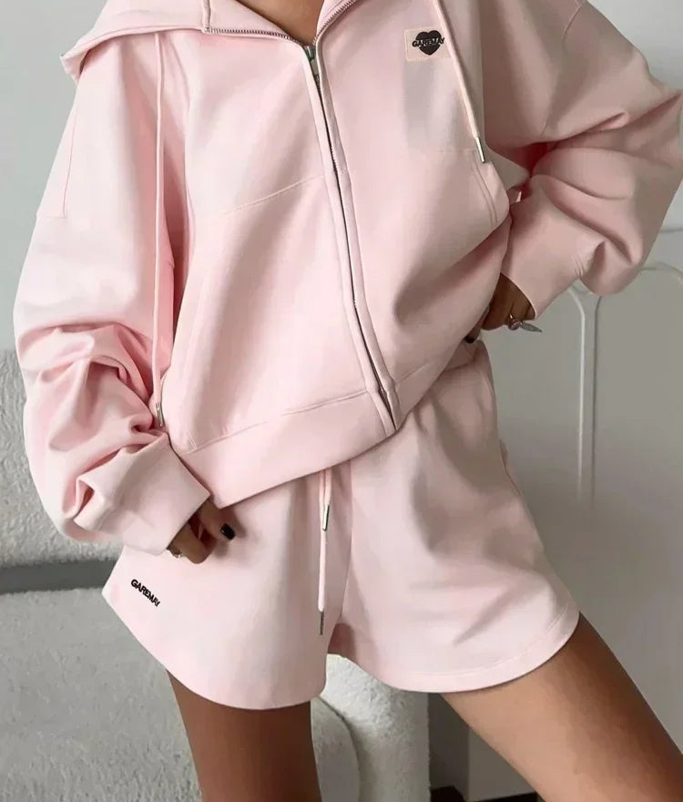 Oversized Pink Two-Piece Summer Set – Cotton Short Sleeve Top & Shorts Tracksuit